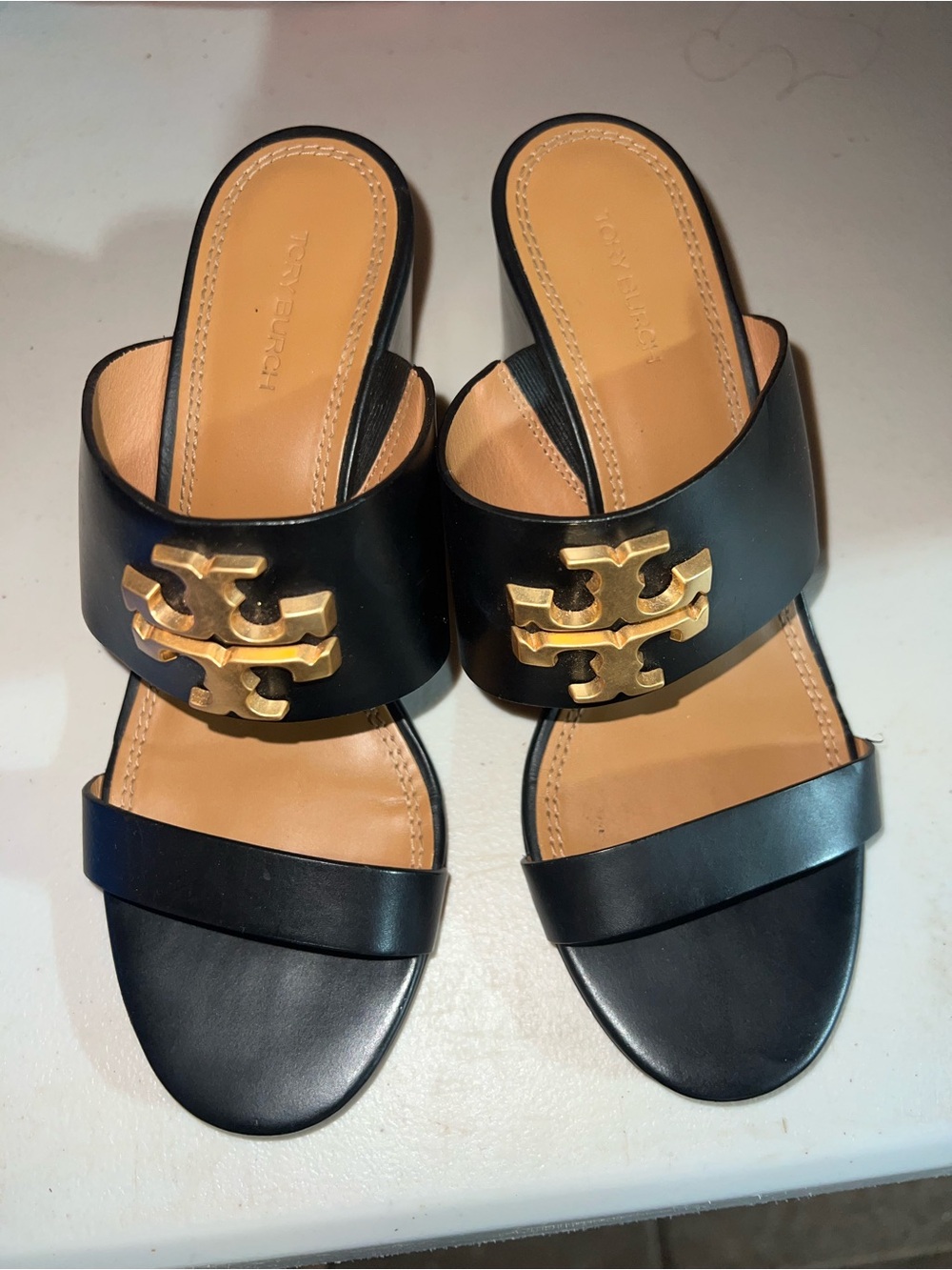 Tory Burch Black Leather Slide Sandals with Gold Logo